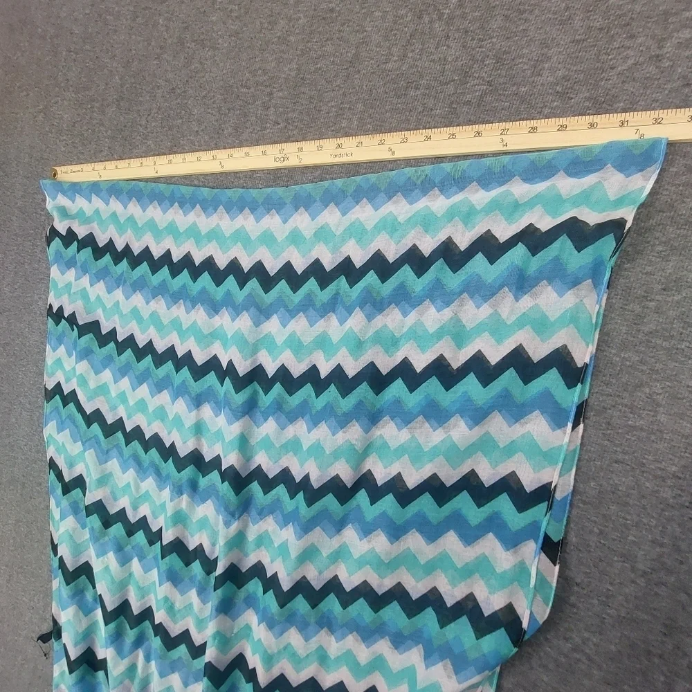 RUE21 WOMENS Y2K TEAL BLUE WHITE BLACK SHEER CHEVRON FRINGE SCARF  34×68